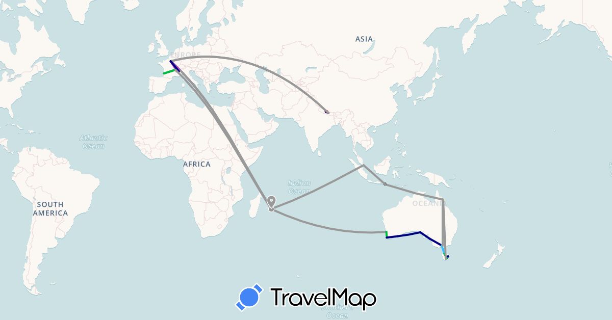TravelMap itinerary: driving, bus, plane, train, hiking, boat, hitchhiking, motorbike in Australia, France, Indonesia, Mauritius, Nepal, Réunion, Singapore (Africa, Asia, Europe, Oceania)